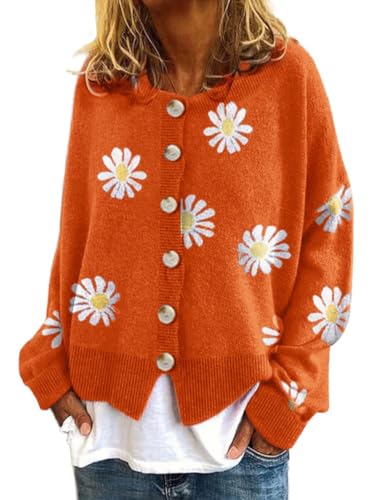 Kinghua Daisy Cardigan for Women Fall Winter Casual Knit Sweater Jackets Button Down Flower Cropped Cardigans