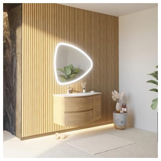 Kiamami Valentina - Mobile Bagno Sospeso Curvo | Rovere Miele | 105CM con 2 Cassetti e Anta Laterale | Lavabo in Resina | Specchio a Goccia LED, Rovere Miele, 105CM, Quercia