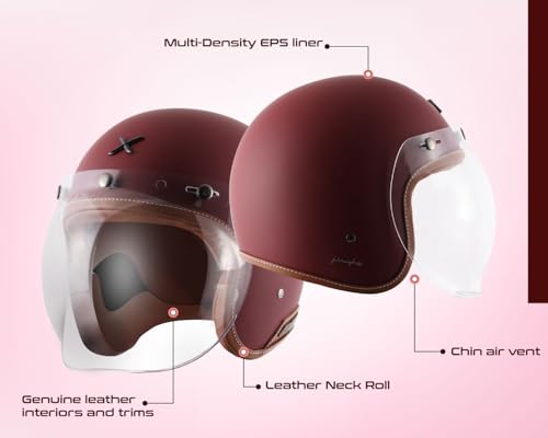 Image of Axor Retro Jet Leather ISI and DOT Certified Matte Finish Open Face Helmet for Men and Women with Clear Visor- Dull Chestnut Red -L