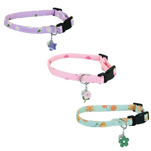 Newtensina Fashion 3 Pieces Cute Flower Pattern Cat Collar with Flower Pendant Pedal Pendant for Cats