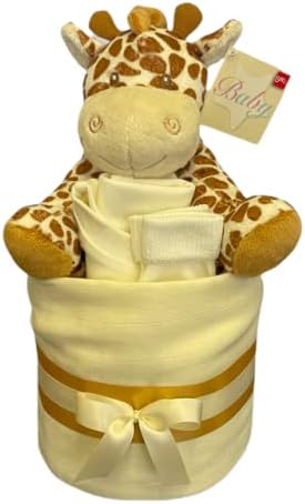 The Big Card Nappy Cake Neutral Unisex Baby Gift - Muslin Square wrap 9 Premium Nappies, Baby Bib Socks and Plush Soft Giraffe