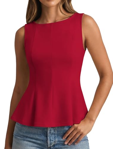 IWD Women's Sleeveless Peplum Top 2026 Business Casual Slim Fit Crew Neck Tank Top Babydoll Blouse Summer Dressy Outfits Red, Medium