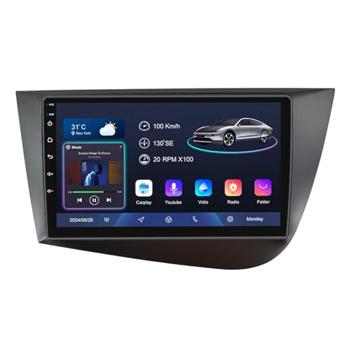 Radio de coche con pantalla táctil Android 14 de 9 pulgadas, 2 DIN, para Seat Leon 2005-2012 con controles de volante CarPlay y Android, navegación GPS, cámara de respaldo AHD, Bluetooth (A,YS10 (2+