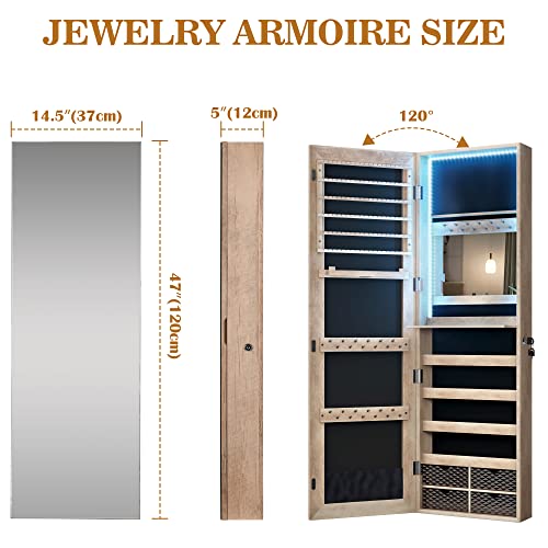Vlsrka Mirror Jewelry Upgraded 3 LED Lights Wall/Door Mounted Jewelry Armoire Organizer