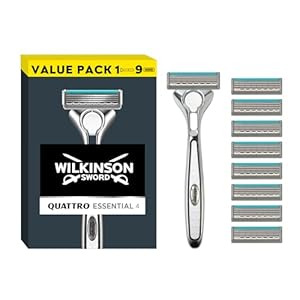 Wilkinson Sword Quattro Titanium Men’s Razor for Sensitive Comfort, Great Addition to Wash Bags for Men’s Grooming, Shavers for Sensitive Skin, 1 Reusable Razor Handle plus 9 Refill Blades Pack