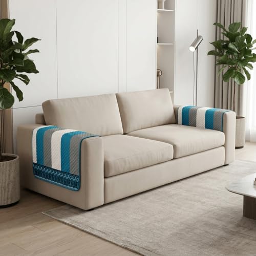 Image of Velvet Sofa Arm Cover Set of 2 Pcs | Anti Skid Anti Slip | Printed Aqua Blue | Washable Armrest Protector