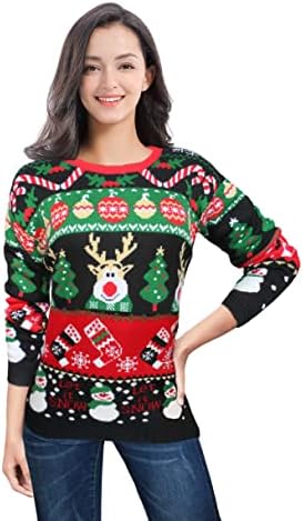 v28 Women Ugly Christmas Sweater Vintage Pullover Oversized Knit Sweaters (Beauty Snowman Black,XS)