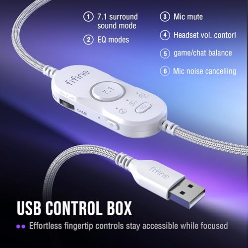 FIFINE USB Gaming Headset: Flowing RGB Lighting - 7.1 Surround Sound - Detachable Mic - Soft Ear Pads, Over-Ear Headset with Control Box, for PC, Laptop, Mac, PS5/PS4 - AmpliGame H13WP (White&Purple) by FIFINE - Image 6