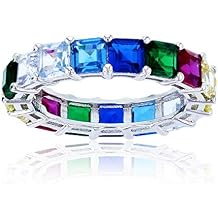 Sterling Silver Rhodium Polished 4mm Multi Color Asscher Princess Cut Cubic Zirconia Eternity Band for Women | AAA Cubic Zirconia Gemstone Engagement Wedding Band Ring | Sizes 5-10