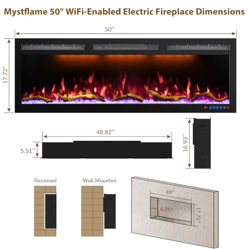 Image of 50-Inch WiFi Electric Fireplace, 5.51-Inch Deep Recessed or Wall-Mounted Heater, 1500W, 6 Flame and 13 Ember Colors, Tuya App, Alexa, Google Home, Remote