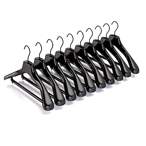 Mainetti Appendini per Capispalla, Cappotti, Abiti Pesanti, Grucce in Plastica, Resistenti, con Barra Porta Pantaloni, Made in Italy, Set di 10 Pezzi, Nero Lucido con Gancio Nero, Taglia 42cm