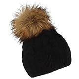 Starling Damen Winter-Mütze | Wollmütze | Strickmütze aus Wolle mit Kunstfell-Bommel & weichem Fleece-Futter – Blau