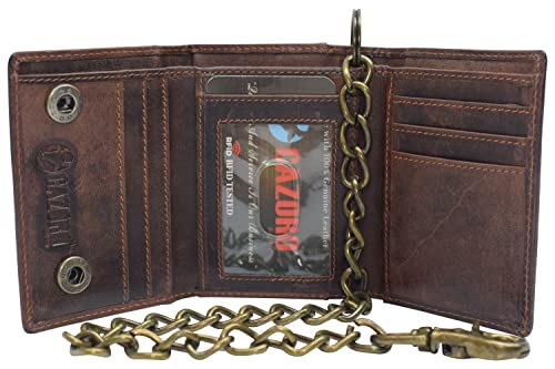 RFID Blocking Men's Tri-fold Vintage Biker Vintage Buffalo Leather Steel Chain Wallet Snap closure (Brown)