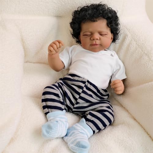 19 Zoll Reborn Baby, 49 cm Reborn Puppe Weichem Stoffkörper Ebensechte Vinyl Baby Puppe Schwarze Haut Babypuppen wie EIN Echtes Schlafendes Neugeborenen Geschenke Spielzeug für Kinder von 3+ – Bild 5