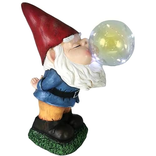 TIN DREAMS FACTORY | Gnomo Soplón con Luz Solar – Figura Decorativa de Jardín en Resina – Enanito Exterior con Burbuja Luminosa LED – Adorno Divertido para Jardín, Patio y Terraza