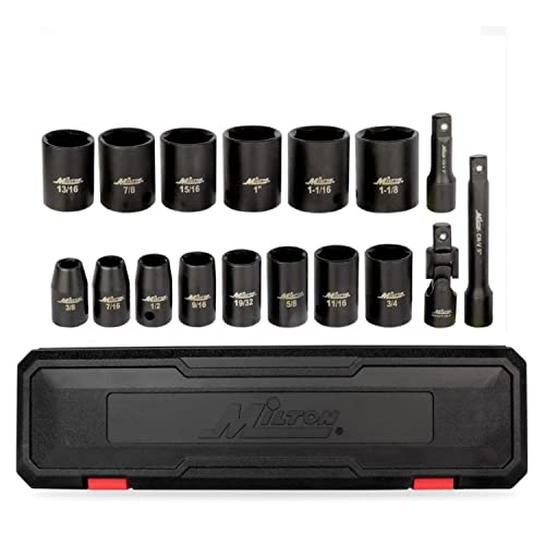 Milton Shallow Socket Set, 1/2” Drive Impact Socket Set, 17-Piece SAE 3/8