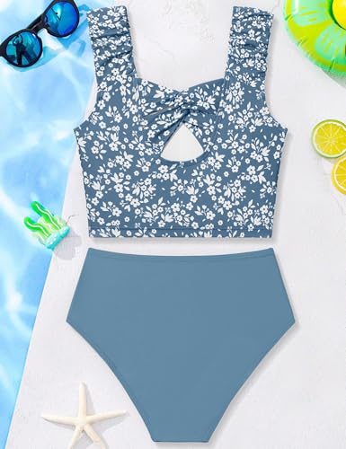 Image of Girls Tankini Swimsuit 2 Piece Bathing Suit Twist Cross Back Cutout Swim Tank Top Floral Print Swimwear for 7-18Y