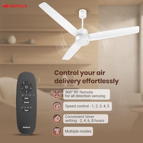 Image of Havells EPIC BLDC Ceiling Fan 1200mm, 380 RPM, Savings upto 65%, Reverse Rotation, 4 Modes (Boost, Sleep, Breeze, Mop), Low Wattage 30W, Low Noise, Air Flow:225 CMM, 3 Year Warranty, Elegant White