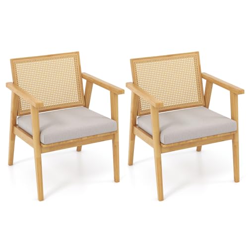 Giantex Modern Rattan Accent Chair Set of 2, Mid Century Accent Chairs w/Curved Backrest, Detachable Padded Seat Cushion, Solid Rubber Wood Frame, Comfy Armchairs for Living Room, Bedroom, Natural