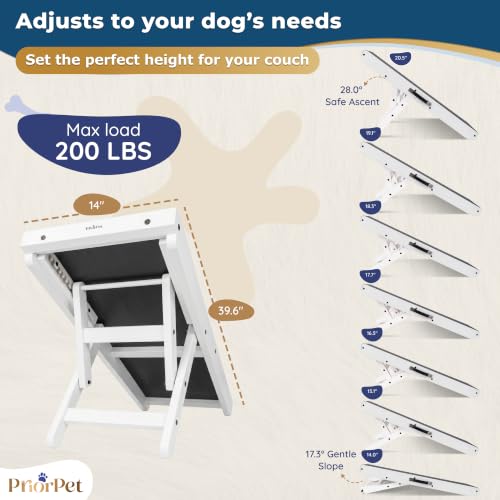 Image of Dog Ramp for Couch - Non-Slip, Sturdy Build Foldable Wooden Dog Ramp - Supports up to 200 lbs - 7 Adjustable Heights (14 inch-20.5 inch) - Enhanced Stability - Birchwood Pet Ramp for Small Dogs - White