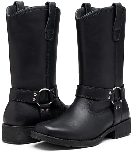 Image of Jousen Cowboy Boots for Men Leather Harness Square Toe | Retro Western Style Easy Pull-On Design Strap & Buckle Detail Engineer-Inspired Biker Motorcycle & Casual Wear