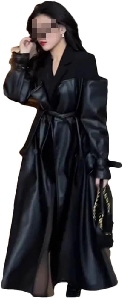 Autumn Long Patchwork Pu Leather Trench Coat For Women Double Breasted Loose Stylish Luxury Coat