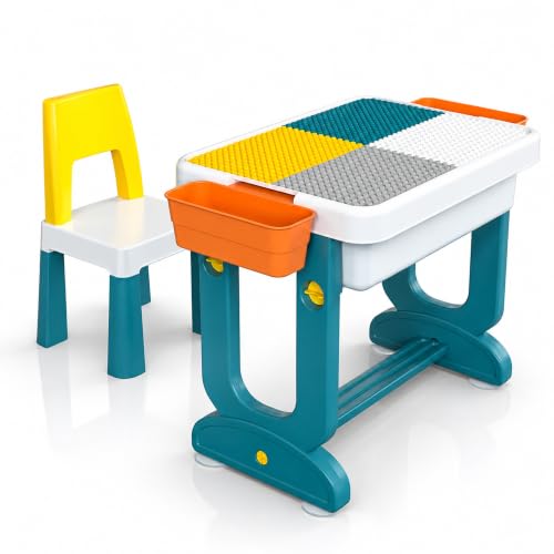 Image of JD FRESH 4 in 1 Genius Kids Study Table Set with Chair /Multifunctional Building Blocks Desk Set with 2 Side Box /Little Children Learner Activity Table /Portable Drawing Table for 3-7 Years Kids