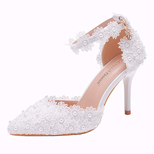 Women High Heels Sandals White Lace Pearls Wedding Shoes Pointed Toe Bridal Shoes2