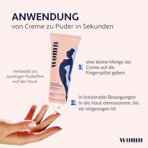 womn Dry & Fresh Liquid Powder 50 ml – Flüssiger, talkumfreier Körperpuder für den Intimbereich wie Leiste und unter den Brüsten – Absorbiert Schweiß und beugt Wundscheuern sowie Gerüchen vor