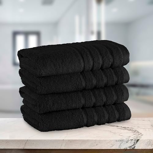 Image of Elegant Comfort 100% Turkish Cotton 4 Lines Viscose Stripe Luxury 4 Pack Hand Towel Set - Ultra Absorbent and Soft 16 x 28 Inch Premium Hotel Spa Quality Towels for Everyday Bath Use, Black