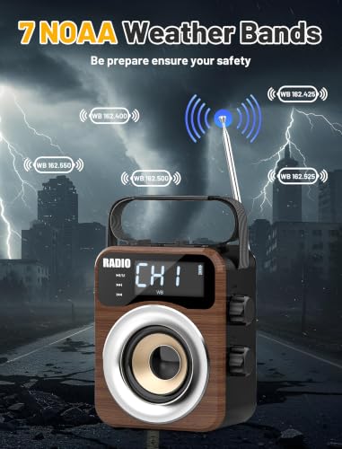Image of Portable AM /FM /WB /SW Radio, 4000mAh Rechargeable & 3xD Cell Battery Powered | Bluetooth Digital Radios 10W Speaker,TF /USB Playback,LCD Display Weather Alert For Home Outdoor Emergency Brown