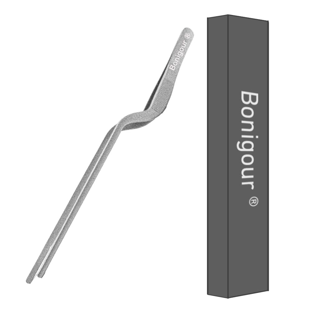 Bonigour Silver 8 Inch Precision Offset Tweezers, Kitchen Culinary Stainless Steel Tongs, Curved Kitchen Cooking Multi-Function Chef Precision Tweezer Tongs For Plating, Food Decorating And Ect (Silver)