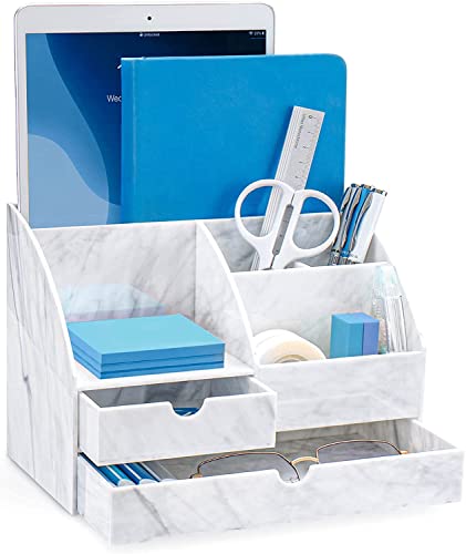 ARCOBIS Organiseur de bureau en acrylique avec 2 tiroirs et porte-stylo pour bureau et école (marbre) Cover