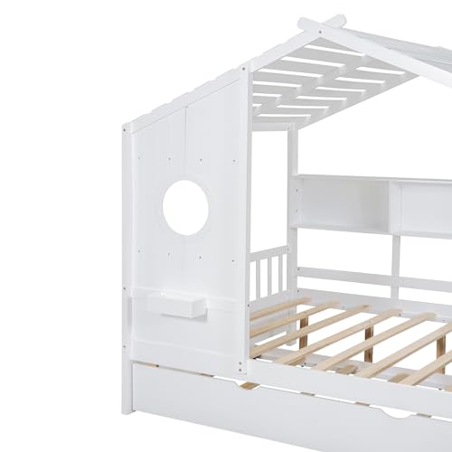 Image of Full Size House Bed with Roof and Window for Kids, Wooden Playhouse Bed with Storage Shelves and Trundle for Bedroom Furniture Girls & Boys (White /T2)