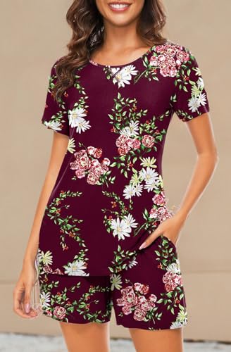 Image of Findsweet Pajama Set for Women 2 Piece Lounge Set Soft Sleepwear Summer Casual Short Pjs Sets with Pockets M-3XL