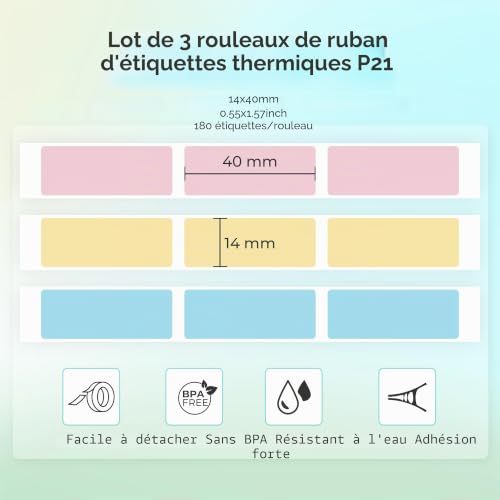 Nelko P21 Étiquettes autocollantes pour écrire, 12x40 mm, imprimante d'étiquettes en papier thermique pour maison, bureau, petites entreprises, 3 rouleau de 180 étiquettes/rouleau (Jaune/Bleu/Rose) – vue 3