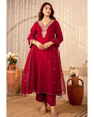 Image of Nermosa Women Embroidery Solid Anarkali Kurta and Pant Set with Dupattas