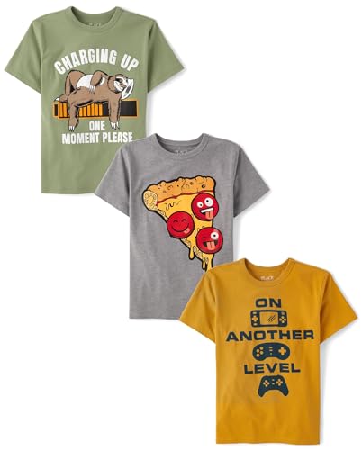 The Children's Place,Boys,Gamer Short Sleeve Graphic T-Shirts,multipacks,Pizza/Next Level/Charging Up 3-Pack,Medium