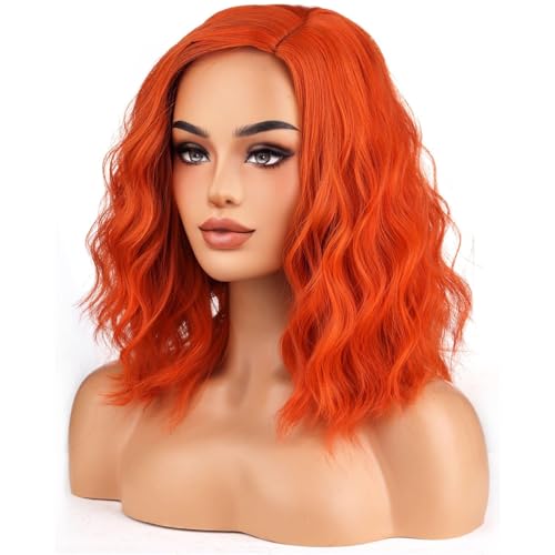 Image of BERON Reddish Orange Wigs for Women Short Curly Wavy Wig Girls Mixed Orange Color Body Heat Resistant Synthetic Hair Wig for Costume Cosplay Party or Daily Use