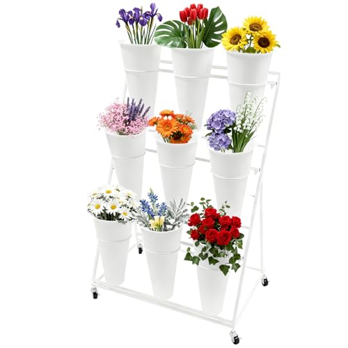 Flower Display Stand, 2 Layers Heavy Duty Metal Moving Wrought Iron Bouquet Shelf, Iron Florist Flower Display Stand with Plastic Buckets and Wheel, for Garden, Courtyard (3 Tier 9 White Bucket)