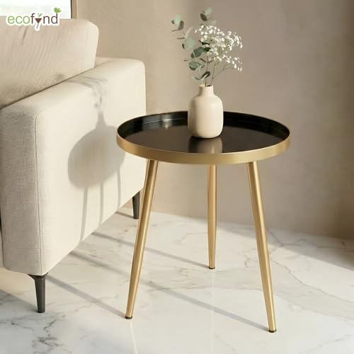 Image of ecofynd Multipurpose 12 Inch Coffee Table with Strong Metal 3 Legs, Sofa Side Corner Table, End Table, Plant Stand for Living Room, Hall, Bedroom, Home & Office Small Spaces (CT104-BLKGO)