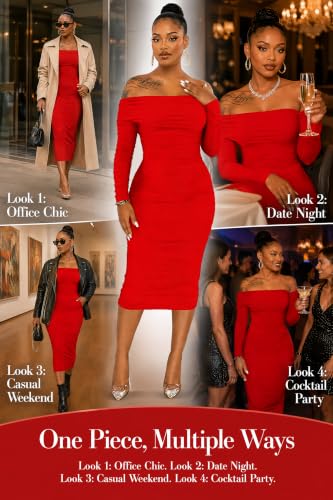 Image of Fooullaide Women's Sexy Off Shoulder Sleeveless Bodycon Ruched Midi Dress