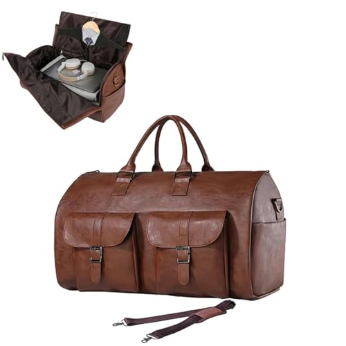 Image of Bayne Convertible Large Size Garment Duffel Bag for Travel, Carry on Garment Duffel Bag for Men and Women - 2 in 1 Hanging Suitcase Suit Travel Bag (Faux Leather, Brown)