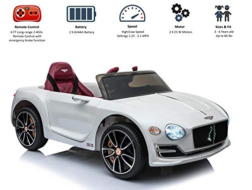 Rock Wheels Licensed Bentley EXP12 Kids Ride on Toy Car, 12V Battery Powered Children Electric 4 Wheels w/Parent Remote Control, Foot Pedal, 2 Speeds, Music, Aux, LED Headlights (White) - Thumbnail 2