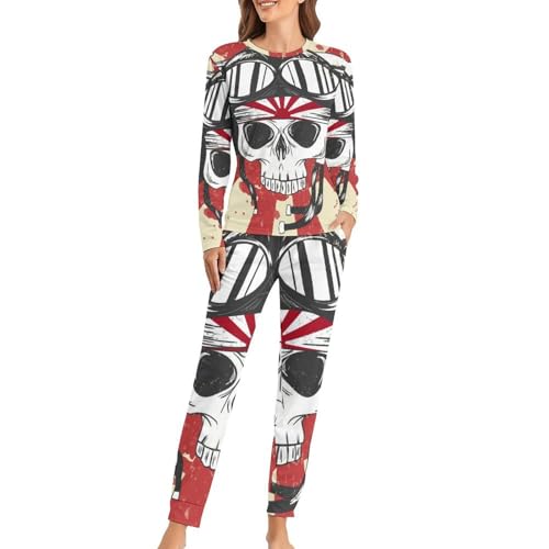 Pyjama femme motif crâne avec ensemble pantalon et t-shirt manches longues doux