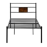 FetiNes Einzelbett Gästebett Metallbett und Holz Kopfteil, Modern Jugendbett Bettgestelle Bettrahmen mit Lattenrost für Schlafzimmer Gästezimmer Bett In Schwarz 90 x 190 cm