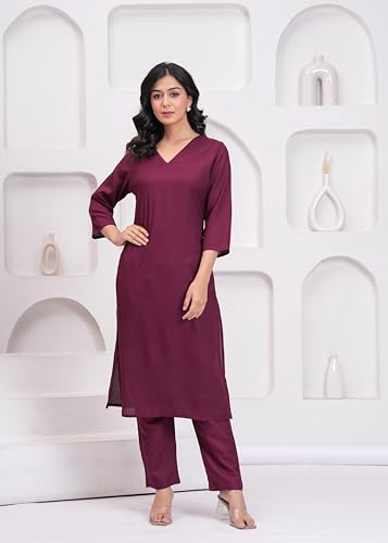 Image of ANILINE Women's Rayon Solid plain v neck kurta Trouser /Pant set