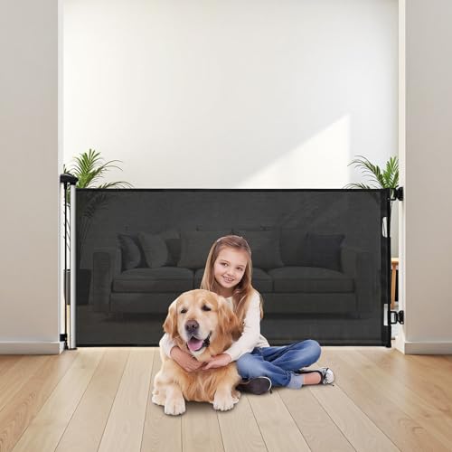 VEVOR einziehbares Babygitter Hundegitter ausziehbar auf 185 cm (B) / 795 mm (H), Treppenschutzgitter mit Sicherheitsschloss, Schutzgitter aus Netzgewebe für Treppen Flure drinnen/draußen, Schwarz