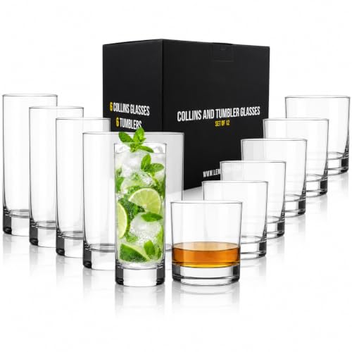LEMONSODA Premium Highball 12oz/15oz Glass Sets - Elegant Tom Collins Glasses - Tall Water Drinking Glasses - Bar Glassware for Mojito, Whiskey, Cocktail (Bundle, Set of 12)