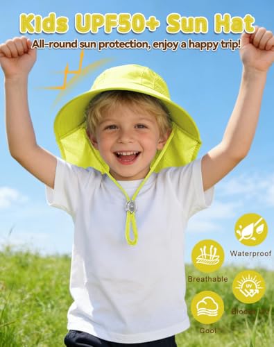 Image of Rosoz Kids Sun Hat with Neck Flap UV Protection Summer Toddler Beach Hat Unisex Ponytail Hat Wide Brim Fishing Hat